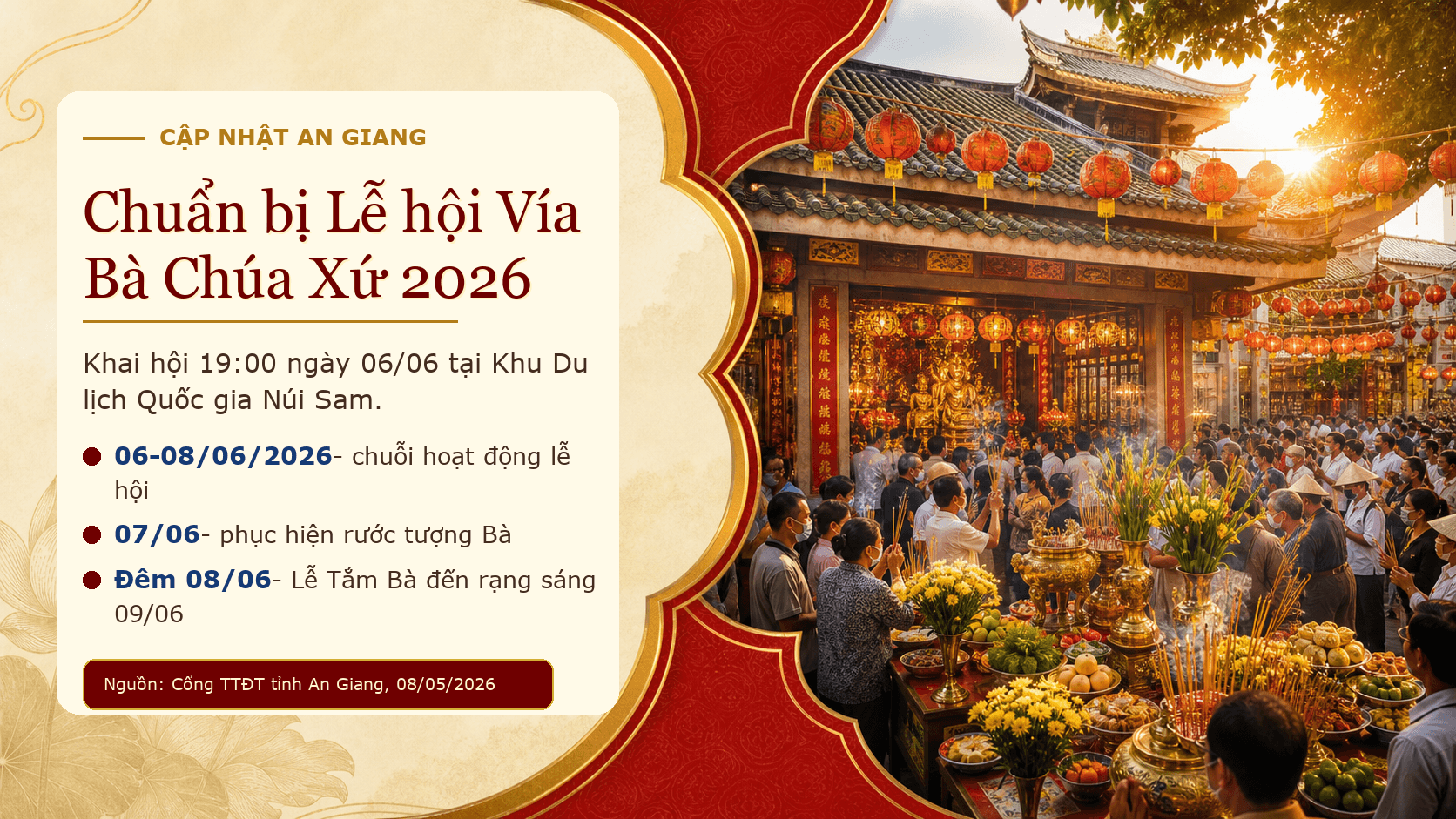 Banner có chữ Lễ hội Vía Bà Chúa Xứ Núi Sam 2026
